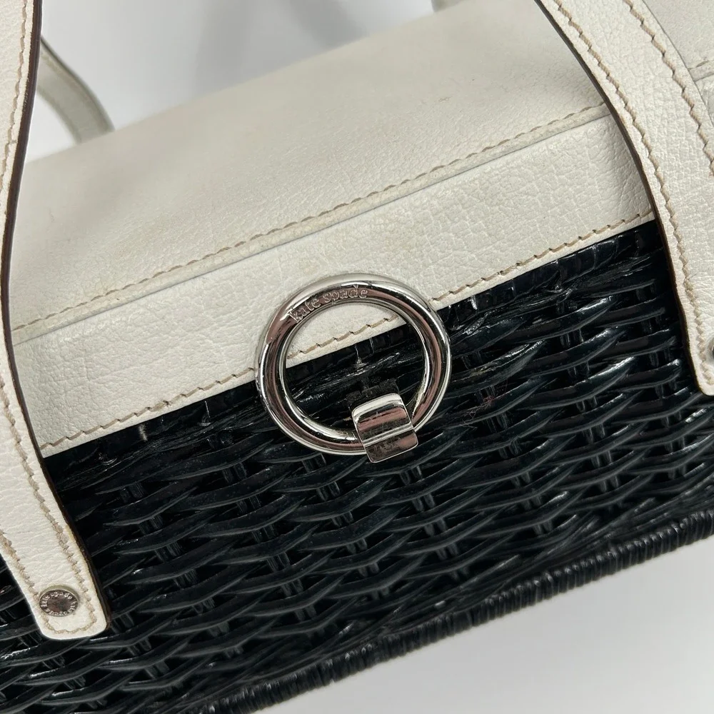 Vintage Kate Spade New York Black Wicker Basket White Leather Bag Polka Dot - Picture 2 of 16